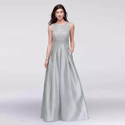 Lace and Satin Sleeveless Ball Gown with Pocket Full Pleated Satin Skirt Evening Dress WBM1118 Silver Prom Dress Party Dresses