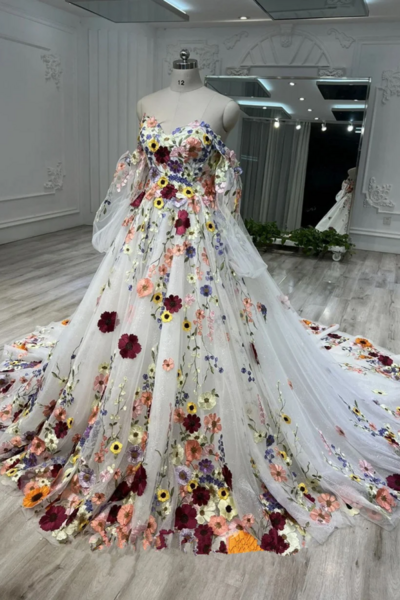 Glam Fairy Tulle Sweetheart 3D Floral Flowers Wedding Dress, Floral Formal Dress KPP1692