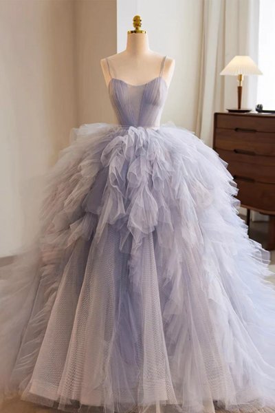 Blue Tulle Long Prom Gown, Blue Tulle Long Sweet 16 Dress KPP1693