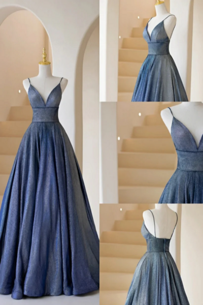 Fashionable A Line Blue Straps V Neckline Long Prom Dress, Blue A Line Evening Dress KPP1694