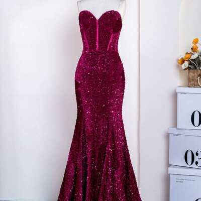 Hot sweetheart fuchsia sequin prom dresses mermaid - Thumbnail 2