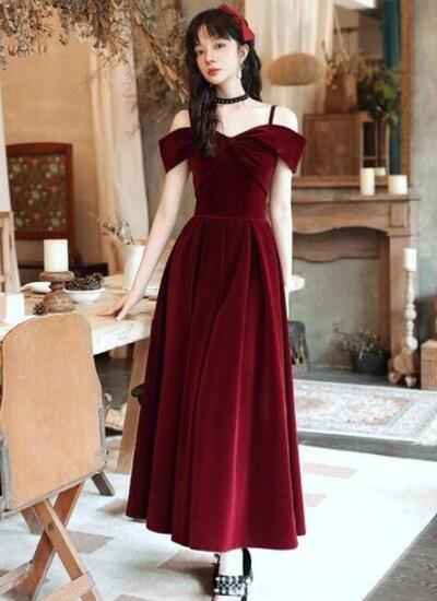 Off Shoulder Wine Red Velvet Long Evening Dress