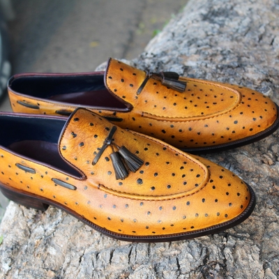 Crafted leather handmade men ostrich leather classic tassel loafers shoes - Thumbnail 5