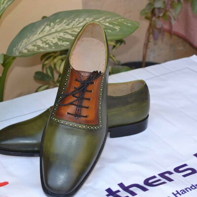 Crafted leather green leather lace up dress formal oxford men shoes - Thumbnail 5