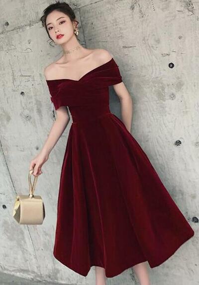 Hand Made Wine Red Off Shoulder Sweetheart Tea Length Evening Party Dress Velvet Prom Dress,995