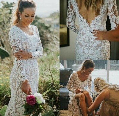 Gorgeous Mermaid Full Lace Wedding Dresses Elegant V Neck Backless Bridal Gowns Bohemian Plus Size Country Long Sleeve Wedding Dress,1663