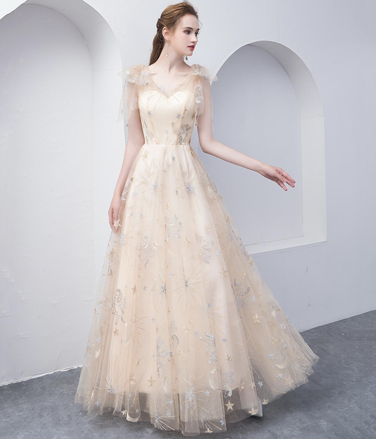 Champagne Tulle Long A-Line Prom Dress
