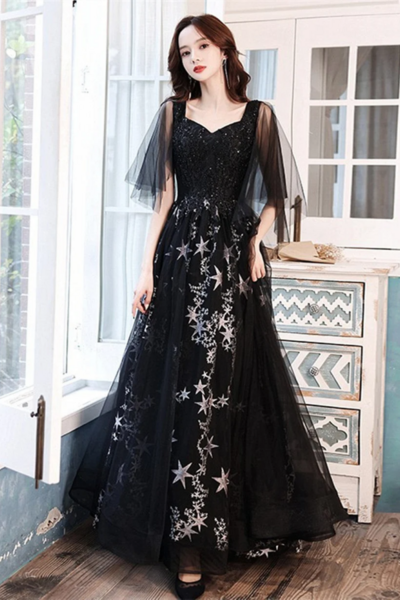 Black Beaded Straps A Line Floor Length Party Dress, Black Tulle Long Prom Dress KPP1695