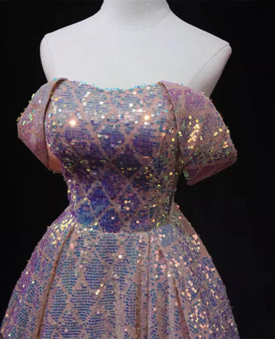 Pink Sequins Off Shoulder A line Long Prom Dress, Sequins Evening Dress KPP1697