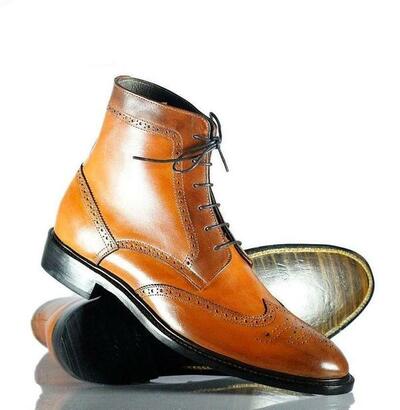 Handmade Men Tan Brown Leather Boots, Men’s Wing Tip Brogue Ankle High Boots, Mens boot