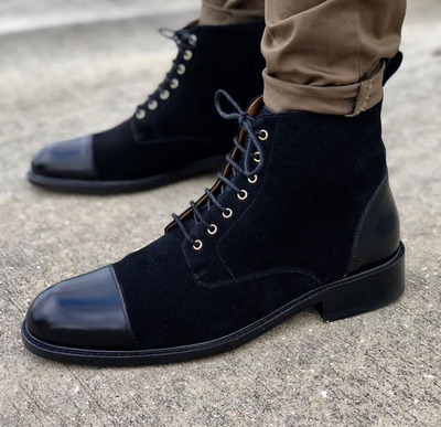 New Handmade Black Color Lace Up High Ankle Suede Leather Rounded Cap Toe Boots