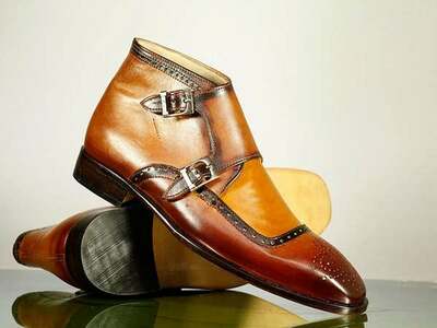 Handmade Tan Leather Buckle Boot, Men's Double Monk Strap Pointed Brogue Toe Boots