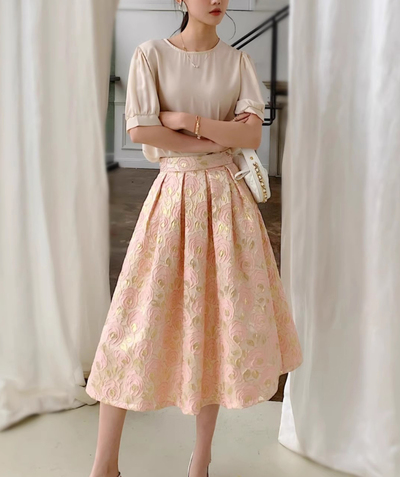 A-line Champagne PINK Midi Pleated Skirt Outfit Women Custom Plus Size High Waisted Pleated Midi Party Skirts