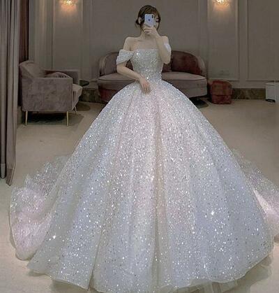 Amazing tulle sequins ball gown wedding dress