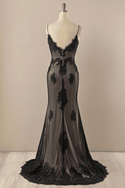 Black V neck Beaded Lace Evening dress, Lace Mermaid Prom Dress KPP1698
