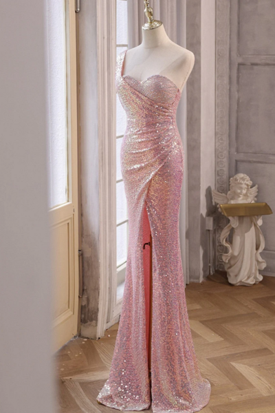 Pink Sequins Mermaid Sweetheart Long Prom Dress, Pink Sequins Evening Dress KPP1700