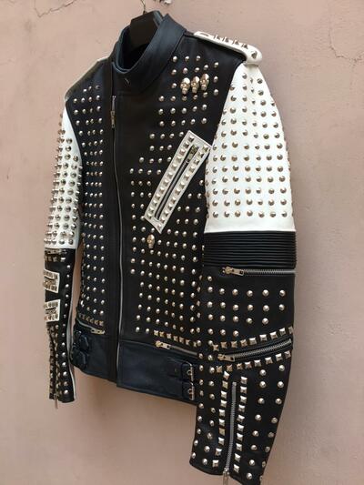Crafted Leather Classic Black White Handmade Men's Fashion Biker Studded Leather Jacket