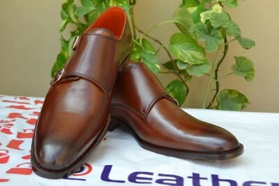 Crafted Leather Handmade Brown Double Monk Strap Dress Shoes