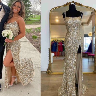 Prom dresses sequins slit side straps - Thumbnail 1