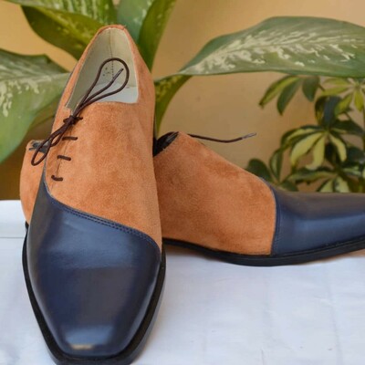 Crafted Leather Unique Handmade Blue and Brown Suede Leather Classic Lace up Oxford Dress Shoes