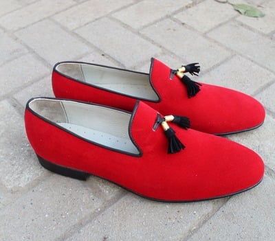 Crafted Leather Men Awesome Red Velvet Tassel Loafers Dress Shoes