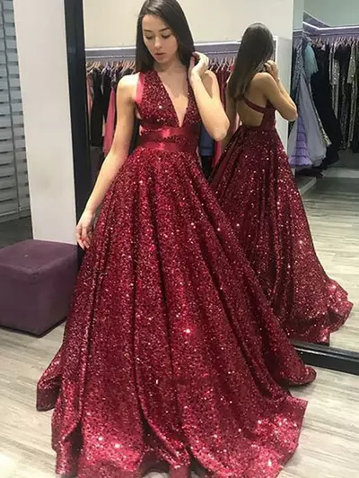 Sexy Burgundy Sequins Ball Gown, Glitter Prom Dresses With Deep V-Neck