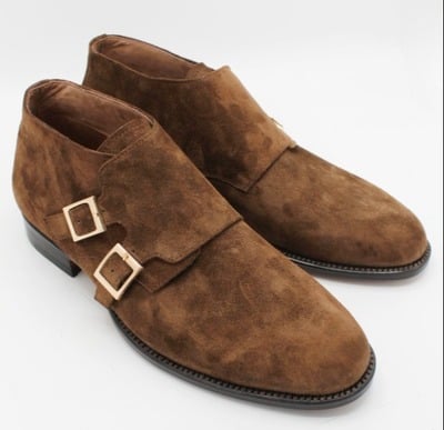 Crafted Leather Handmade Dark Brown Suede Leather Double Buckle Chukka Boot