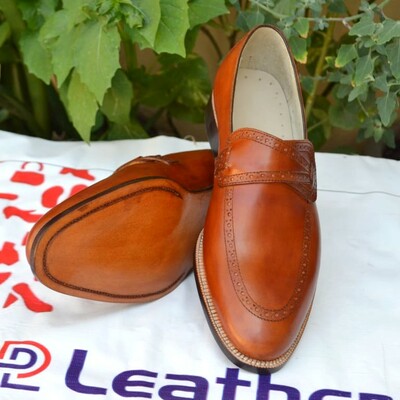 Crafted leather brown genuine leather moccasin loafers dress shoes - Thumbnail 4