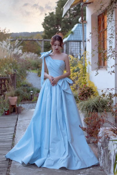 Blue Satin One Shoulder Floor Length Prom Dress, Lovely A Line Evening Party Dress KPP1704