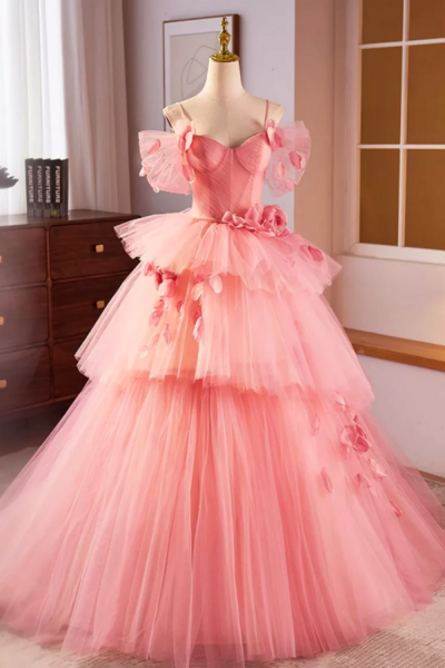Pink Spaghetti Strap Tulle Long Prom Dress, Beautiful A Line Formal Sweet 16 Dress KPP1705