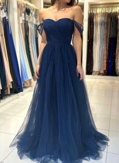 Simple Navy Blue Tulle A-line Long Prom Dresses