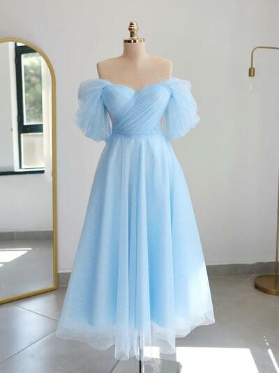 A-Line Off Shoulder Tea Length Blue Tulle Prom Dresses
