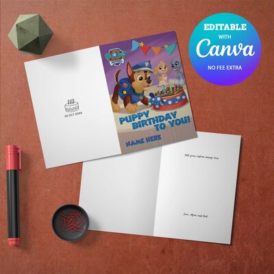 Paw Patrol Birthday Card Printable and Canva Editable Instant Download