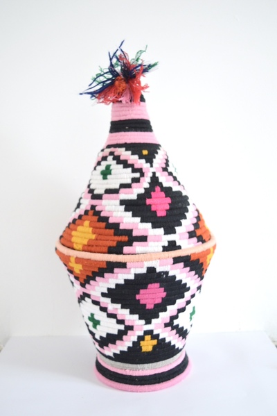 SOLD SOLD SOLD Berber Basket Handwoven Vintage Moroccan Berber Wool Lidded Basket with Pom Poms