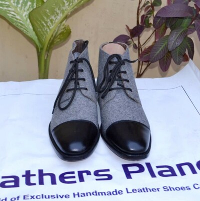 Crafted Leather Handmade Black Leather Gray Flannel Fabric Grain Leather Chukka Lace up Boot