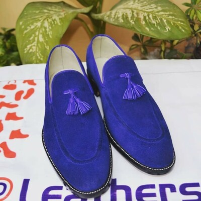Crafted Leather Blue Suede Tassel Loafers Shoes For Men