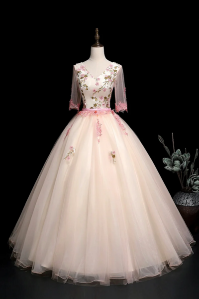 Champagne V Neck Lace Long Prom Dress, A Line 1/2 Sleeves Evening Party Dress KPP1707