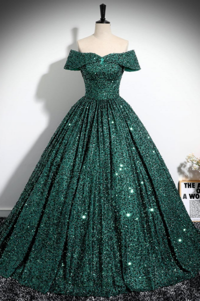 Green Sequins Off Shoulder Ball Gown Prom Dress, Dark Green Sweet 16 Dress KPP1708