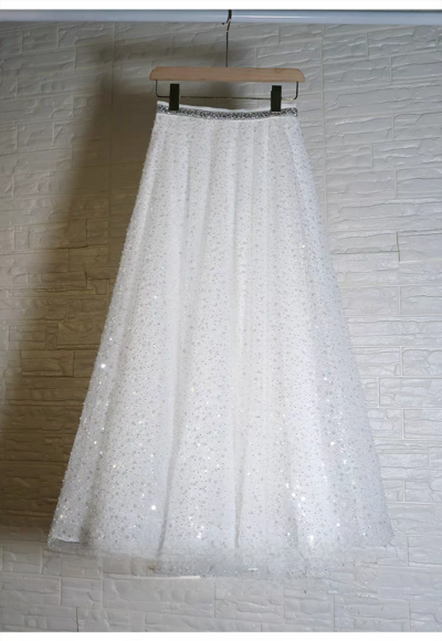 White Sequin Midi Tulle Skirt Women White Sparkly Tulle Midi Skirts Holiday Custom Plus Size Sequin Skirt