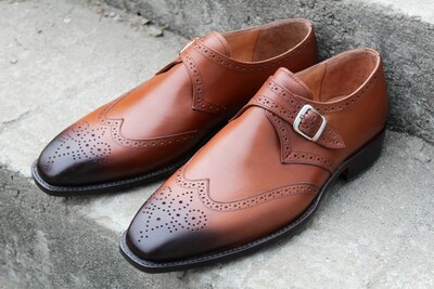 Crafted Leather Brown Black Shaded Wingtip Style Single Monk Strap Dress Shoes