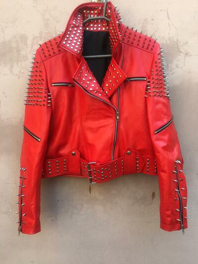 Crafted Leather Men Classy Red Gothic Emo Style Leather Studded Jacket with Silver Studs and Spikes