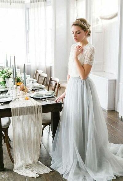 Two Piece Wedding Dresses A-line Sweep Train Lace Simple Tulle Bridal Gown,1708
