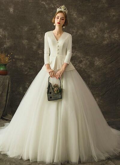 White Deep V-neck Satin Tulle Long Sleeve Wedding Dress,1711