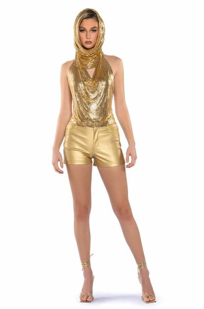Shine Metallic Hooded Backless Chainmail Crop Top Headscarf