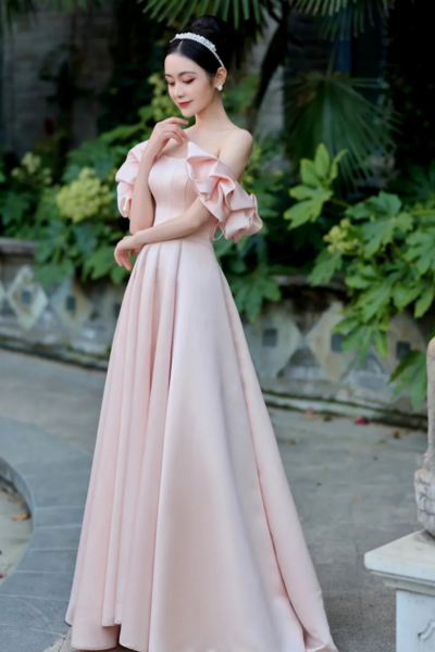 Pink Satin Floor Length Prom Dress, Off the Shoulder Evening Party Dress KPP1709