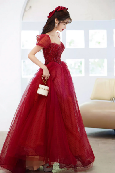 Burgundy Tulle Sequins Long Prom Dress, A Line Scoop Neckline Evening Party Dress KPP1710