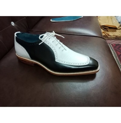 Crafted Leather Classic Black White Leather Dress Lace up Oxford Shoes