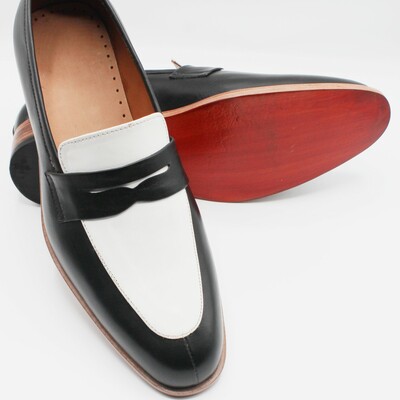 Crafted leather custom made men moccasin shoes black white calfskin leather penny loafers - Thumbnail 5