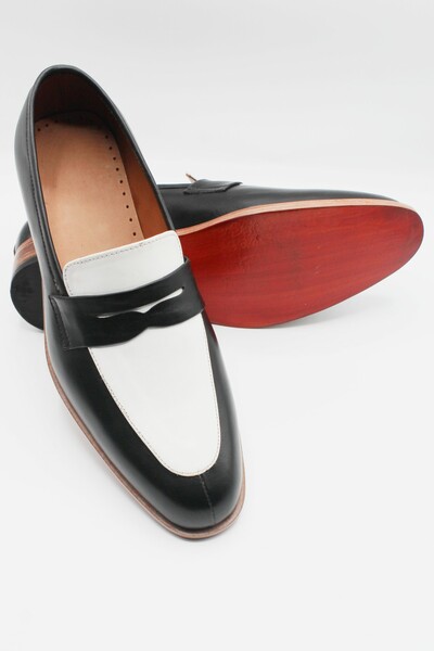 Crafted Leather Custom Made Men Moccasin Shoes Black White Calfskin Leather Penny Loafers