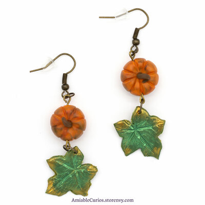 Orange pumpkin Earrings with green leaves, brass color, original jewelry polymer clay